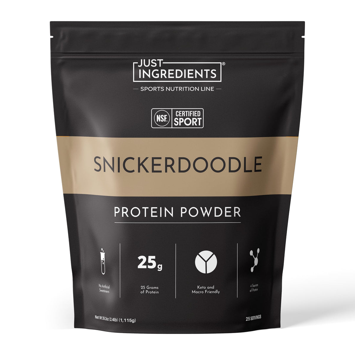 JUST INGREDIENTS envase frontal mostrando certificación NSF y sabor snickerdoodle