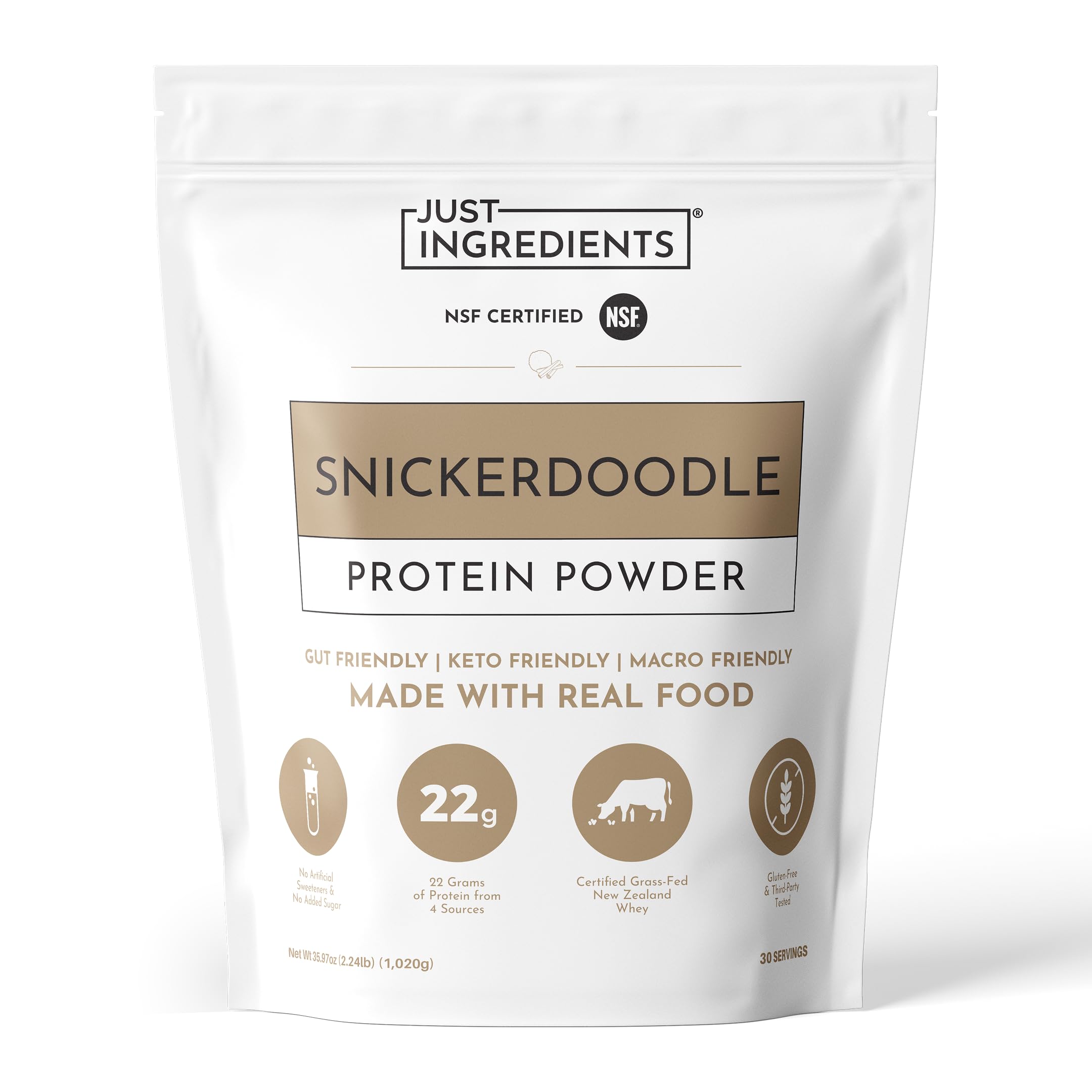 JUST INGREDIENTS envase frontal mostrando sabor Snickerdoodle y beneficios proteicos