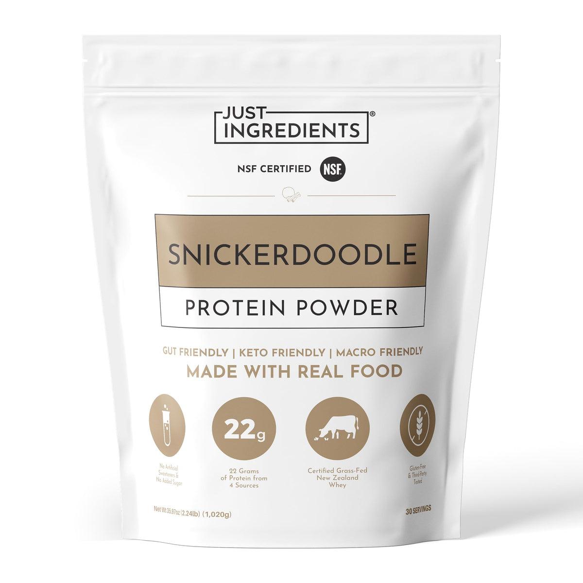 JUST INGREDIENTS envase frontal mostrando sabor Snickerdoodle y beneficios proteicos