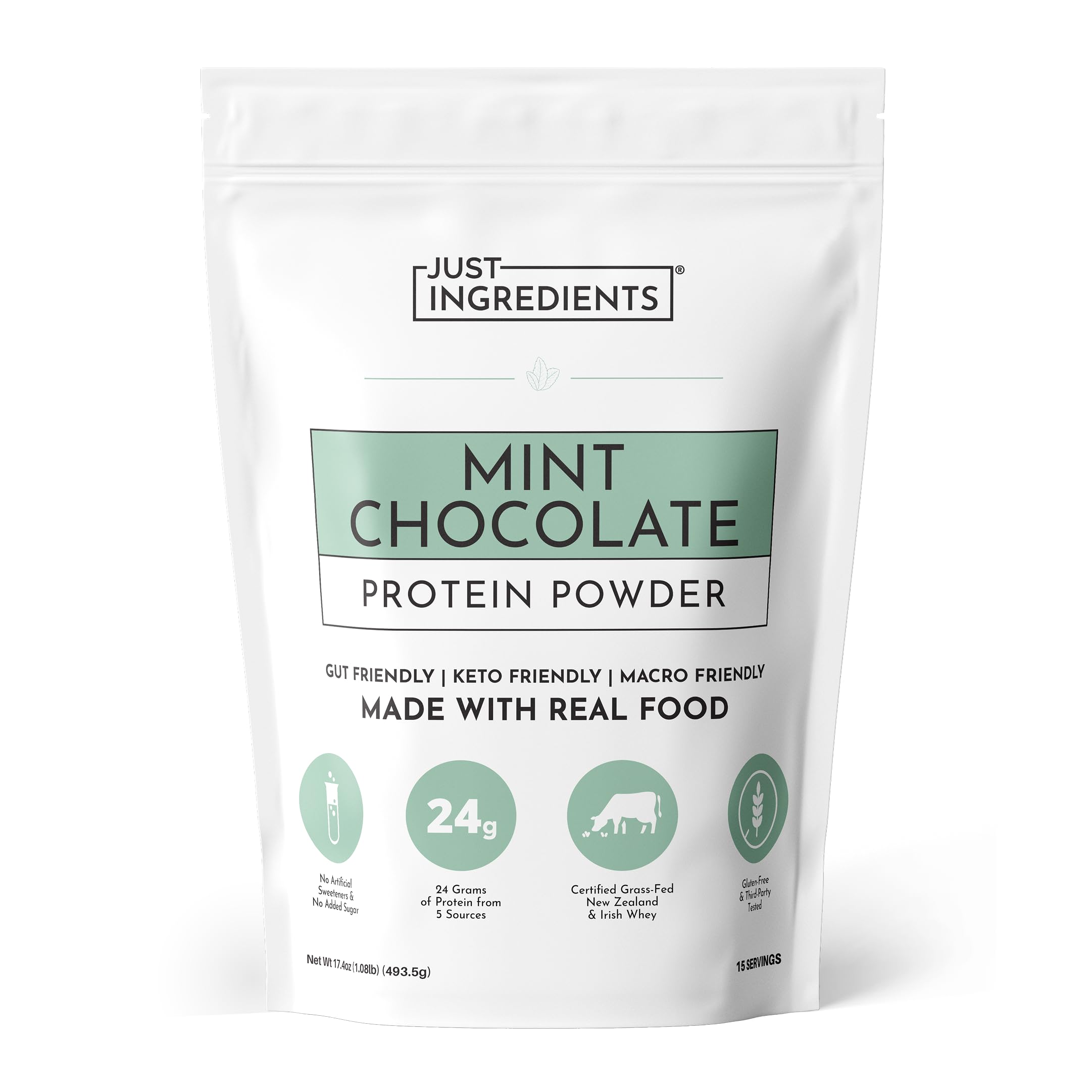 JUST INGREDIENTS frente del envase mostrando sabor menta chocolate y beneficios