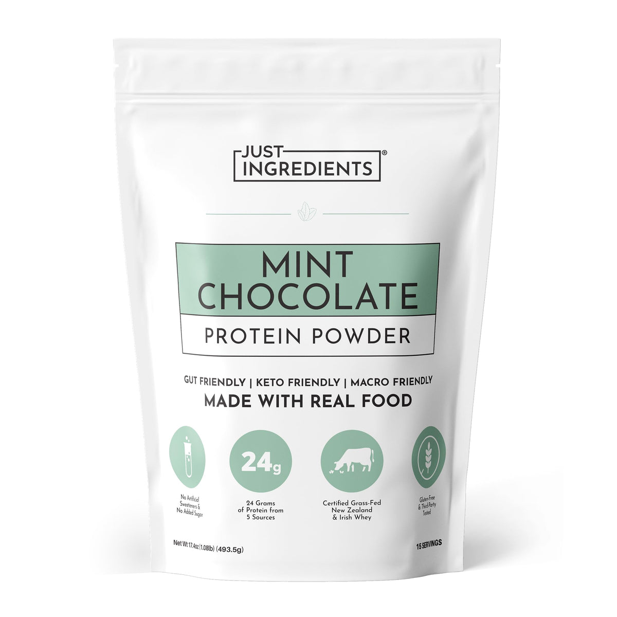 JUST INGREDIENTS frente del envase mostrando sabor menta chocolate y beneficios