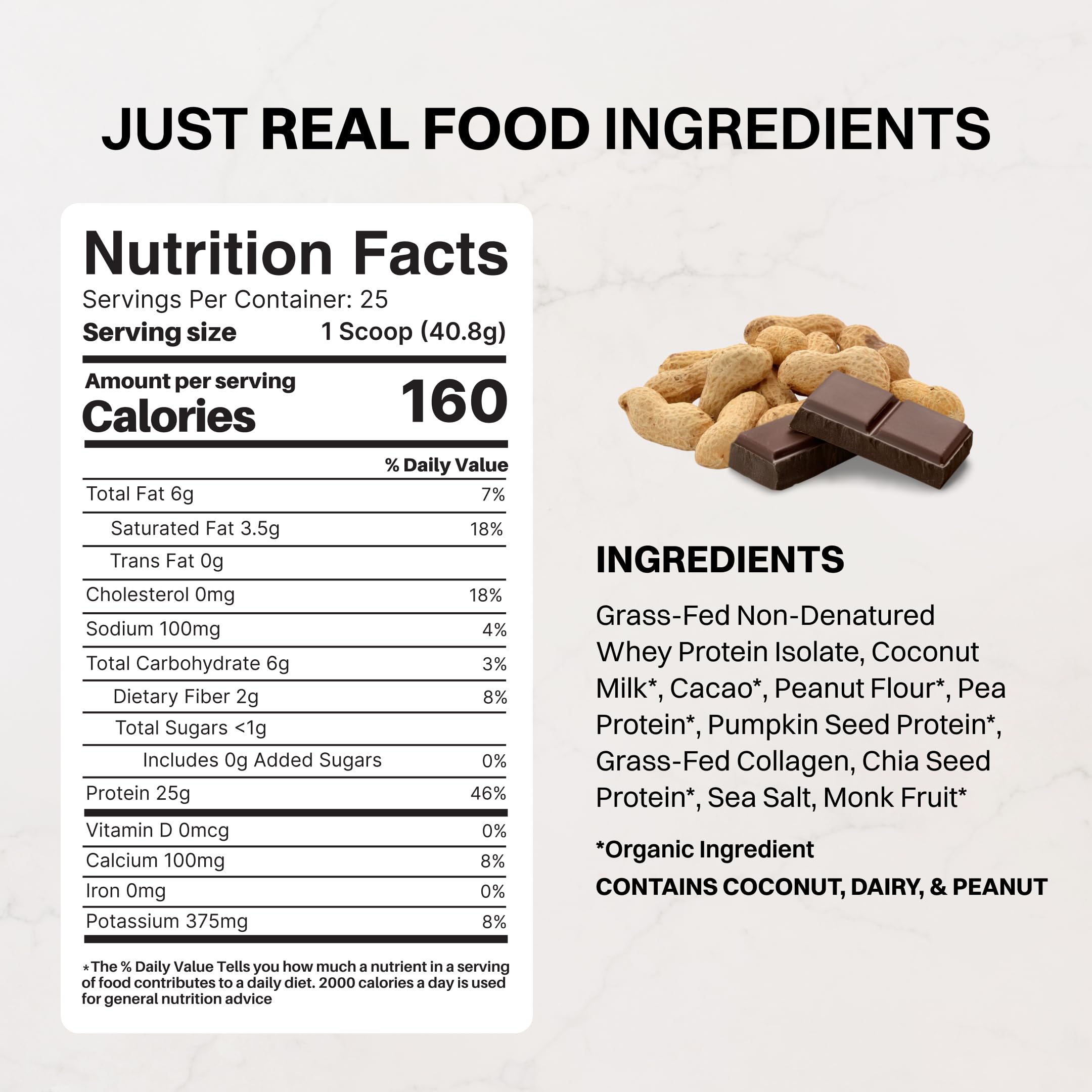 JUST INGREDIENTS cuchara con polvo junto a medida que muestra 25 g por servicio