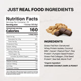 JUST INGREDIENTS cuchara con polvo junto a medida que muestra 25 g por servicio