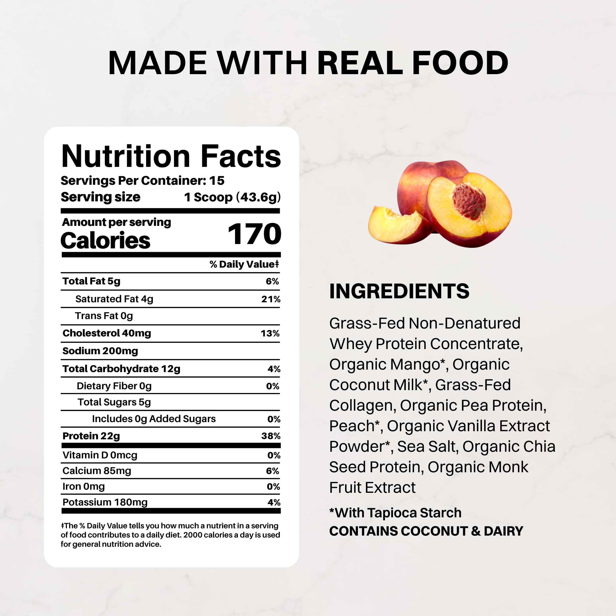 JUST INGREDIENTS comparación de tamaño del envase y una cuchara medidora