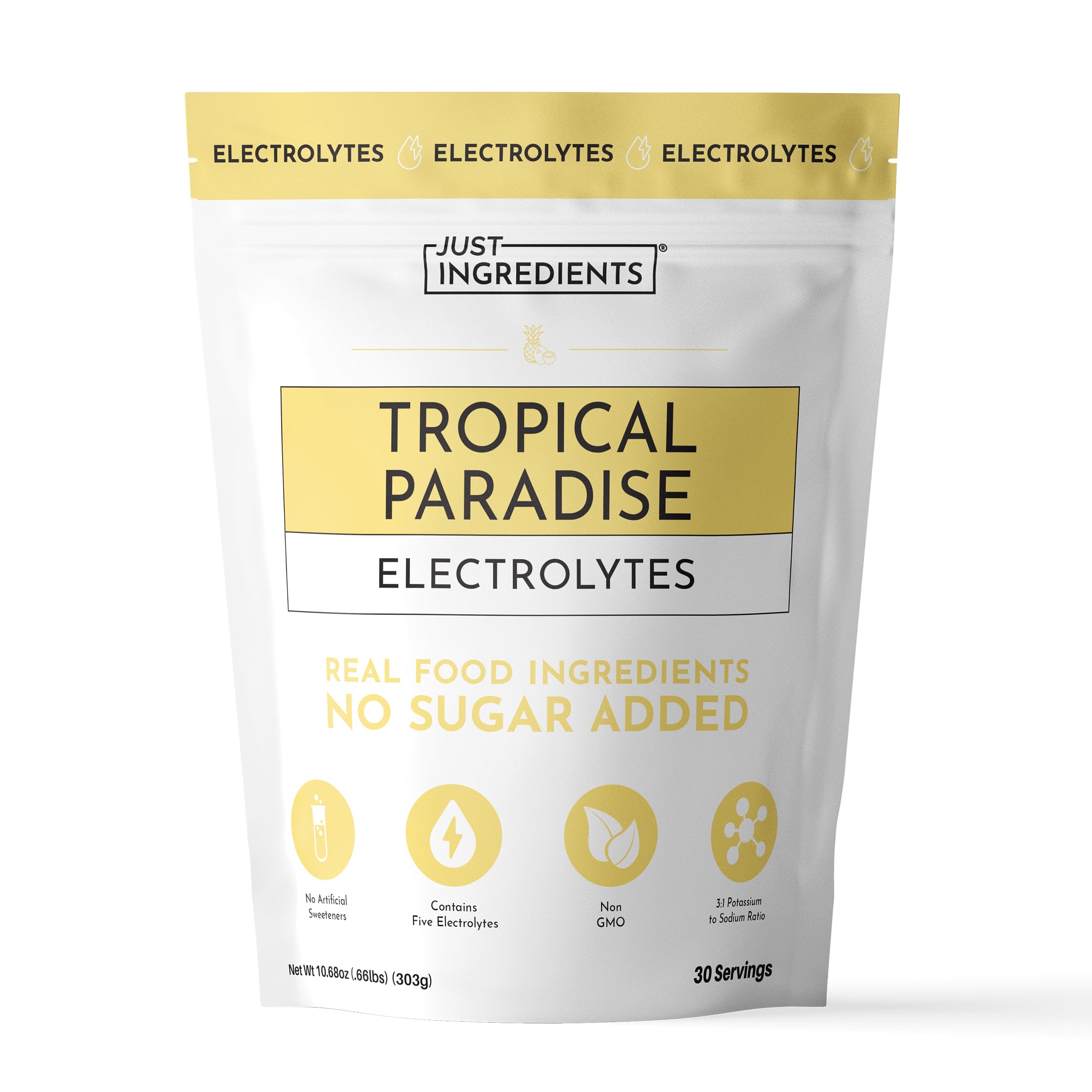 JUST INGREDIENTS envase frontal mostrando etiqueta tropical y beneficios
