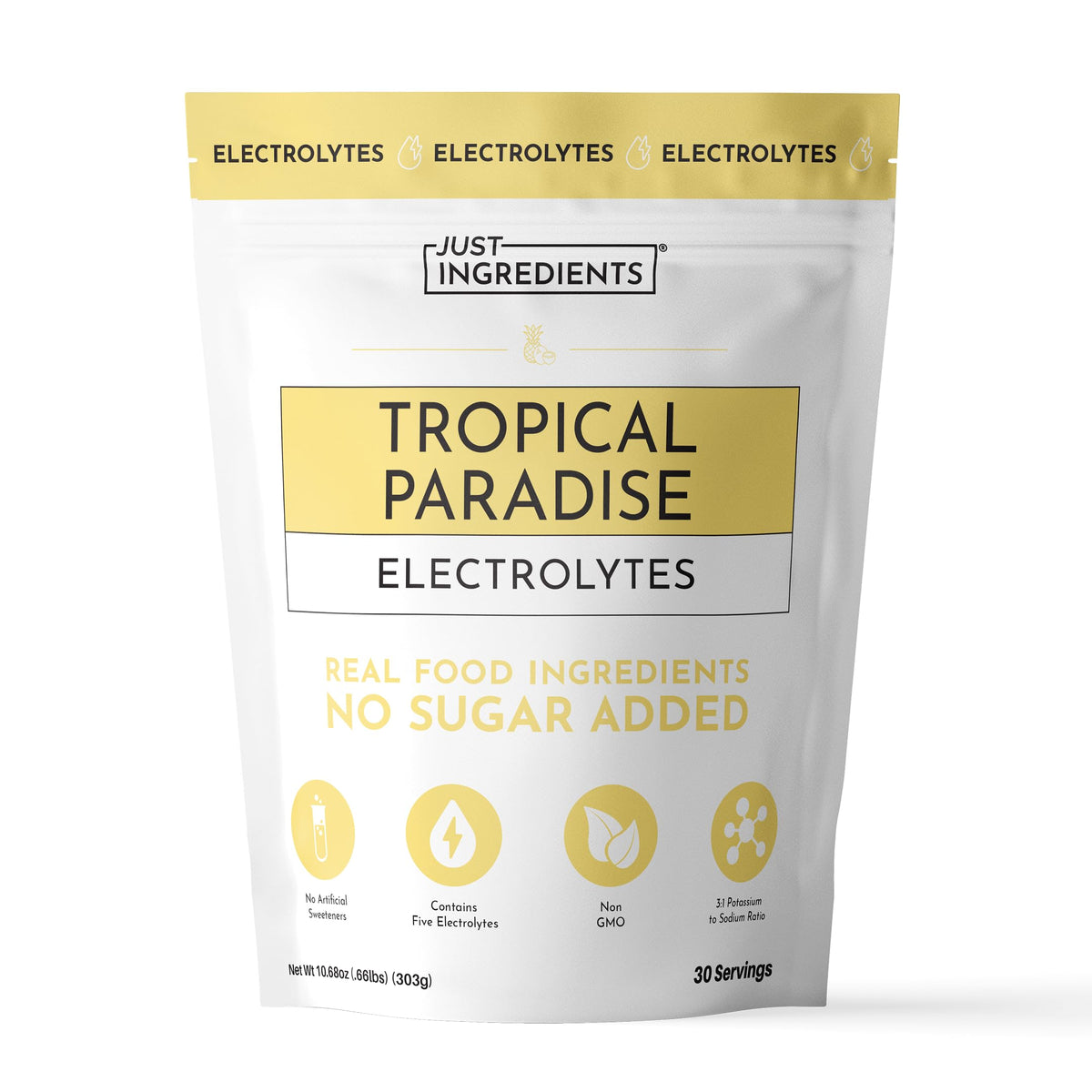 JUST INGREDIENTS envase frontal mostrando etiqueta tropical y beneficios