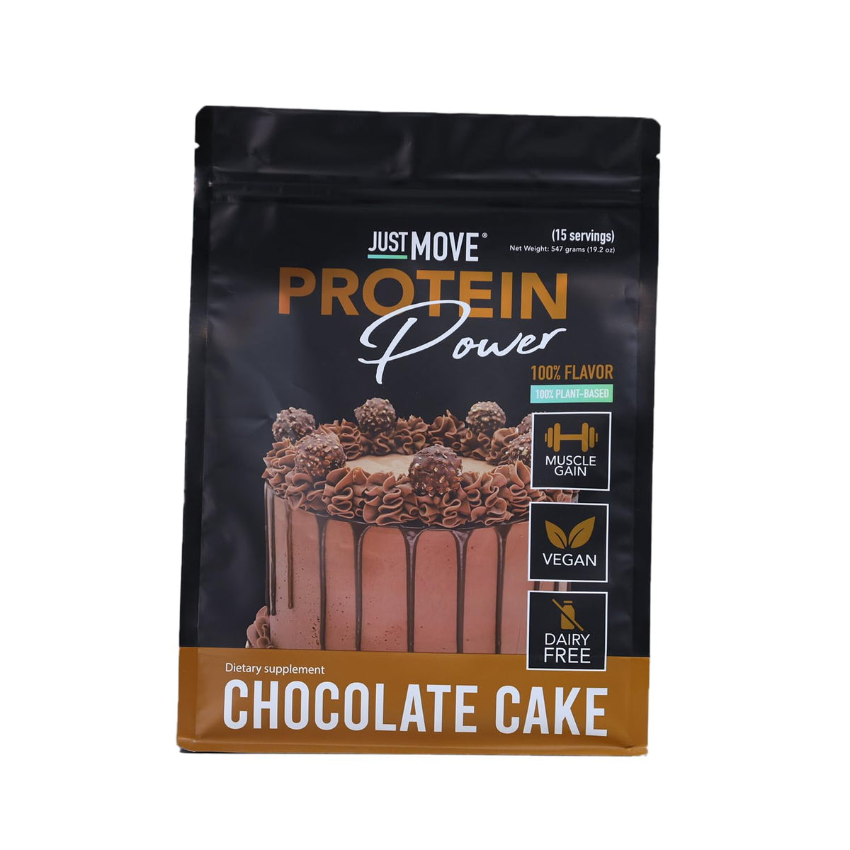 Just Move envase frontal Chocolate Cake mostrando diseño y porciones