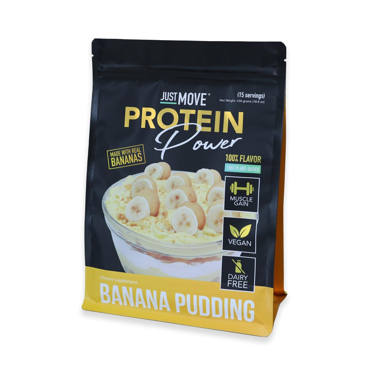 Just Move frente del empaque que muestra sabor banana pudding y beneficios veganos