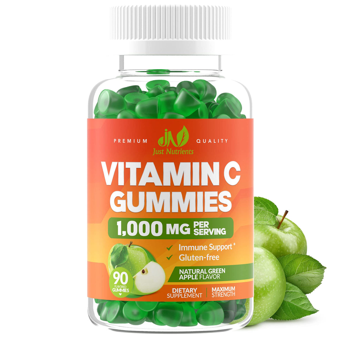 Just Nutrients frasco frontal con 90 gomitas y ventaja de 30 días