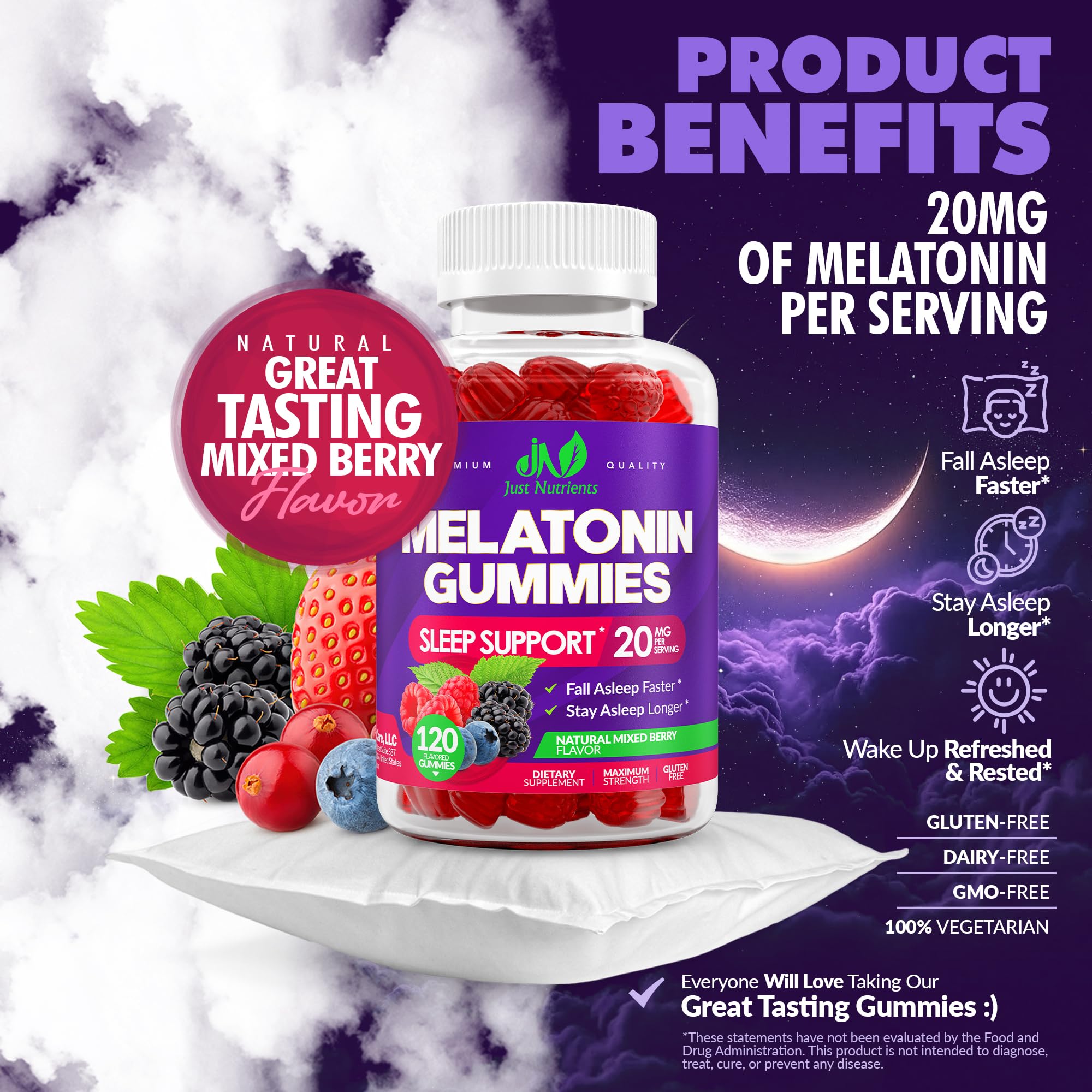Just Nutrients gomitas en mano para comparar tamaño y servir la dosis correcta