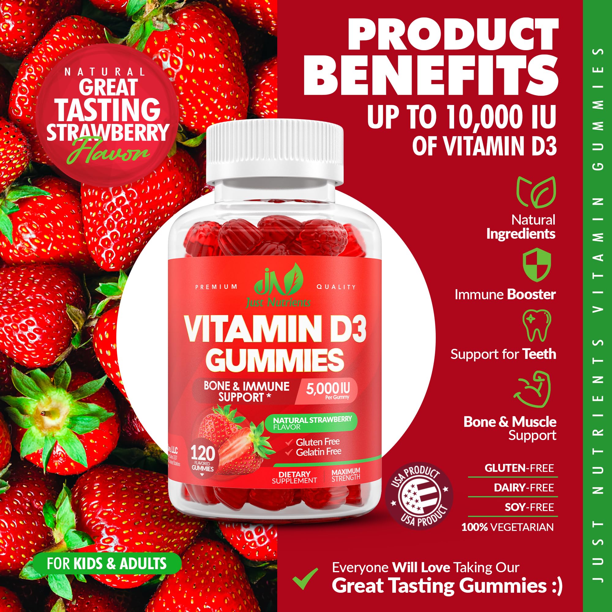 Just Nutrients gomitas en mano para comparar tamaño y facilidad de toma
