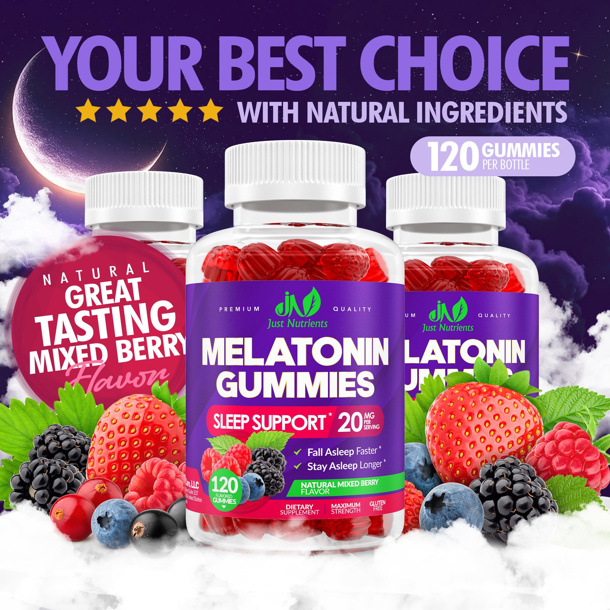 Just Nutrients gomitas sobre mesa en ambiente relajado que sugiere uso nocturno