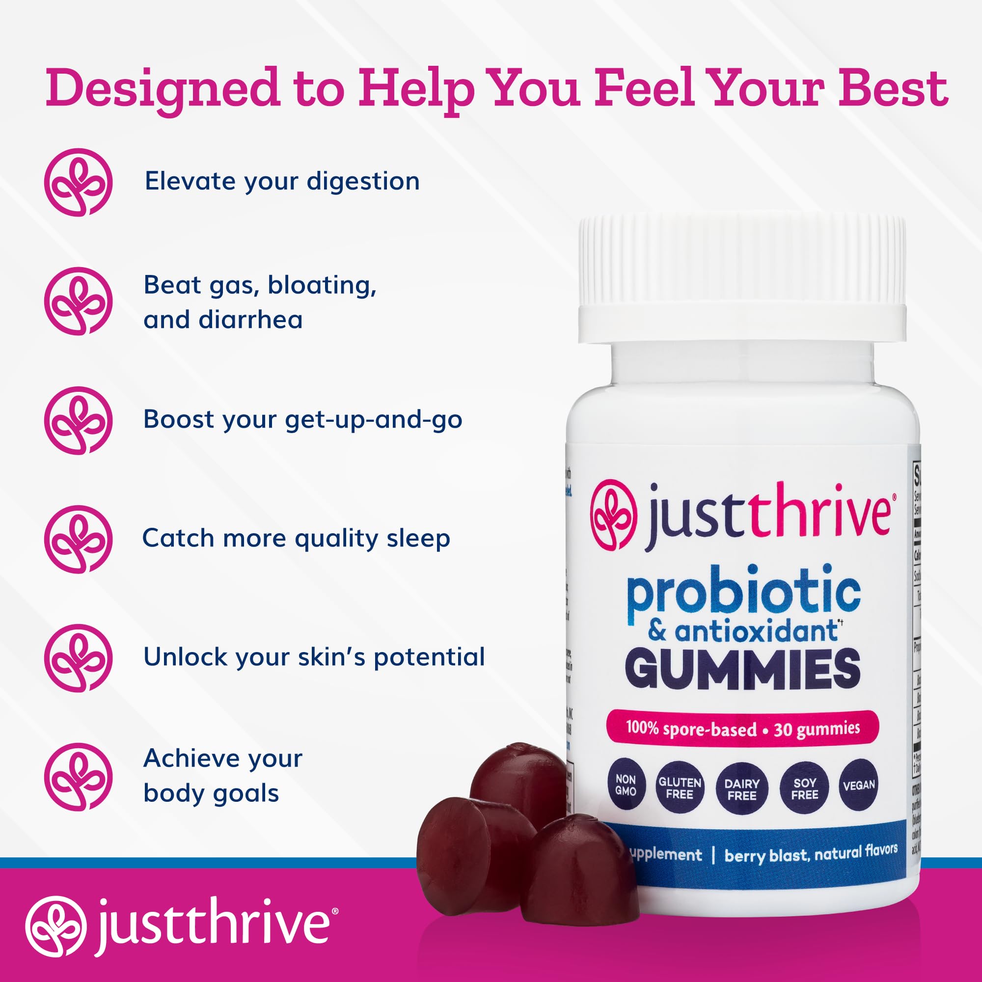 Just Thrive etiqueta con ingredientes destacando cepas en esporas
