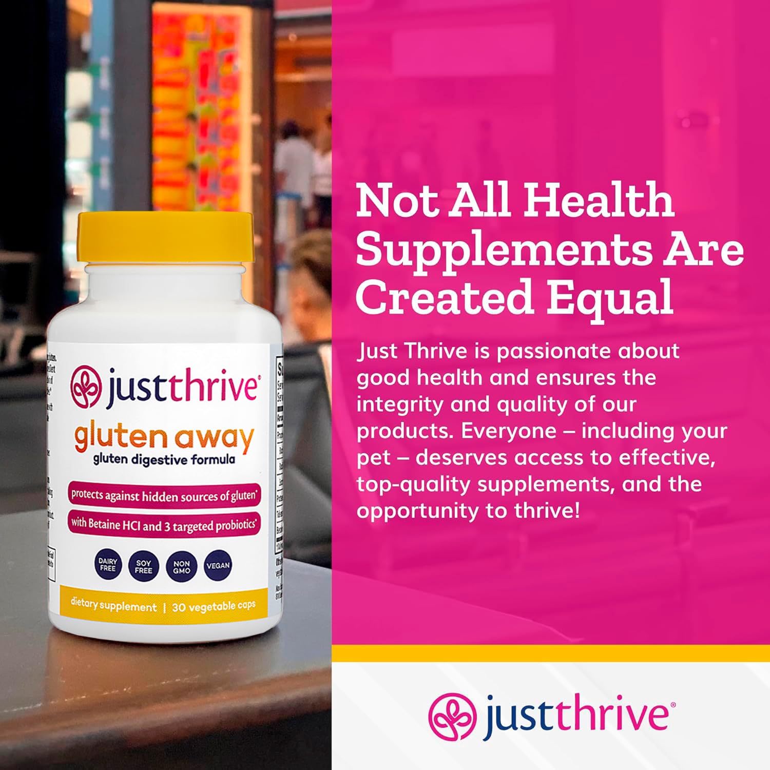 Just Thrive cápsula en mano antes de comer, uso práctico y portátil
