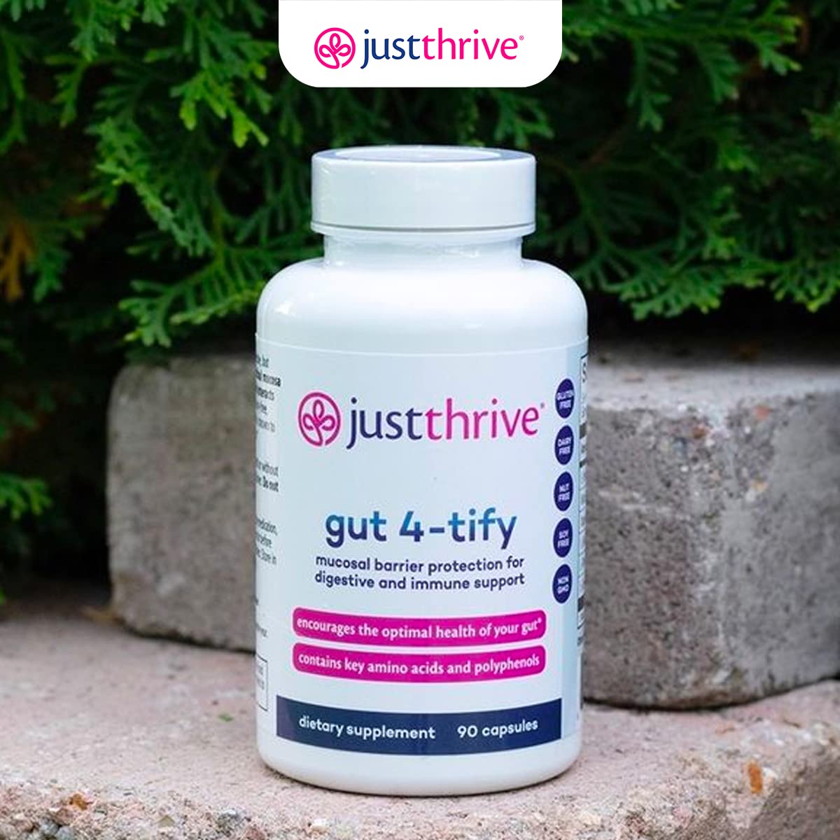 Just Thrive Gut 4-tify mezclado en batido en cocina para consumo conveniente