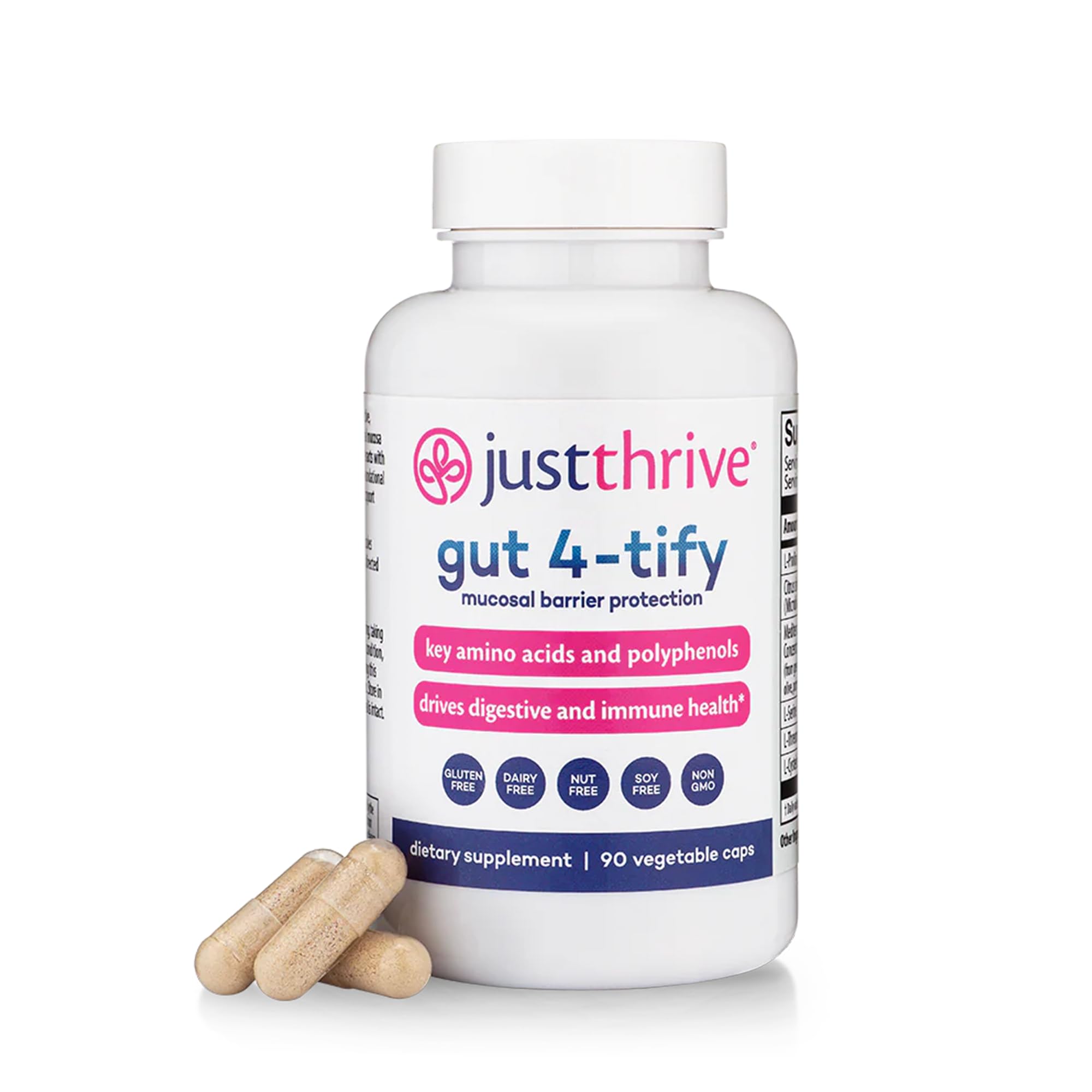 Just Thrive frente del empaque mostrando diseño y beneficio de soporte intestinal