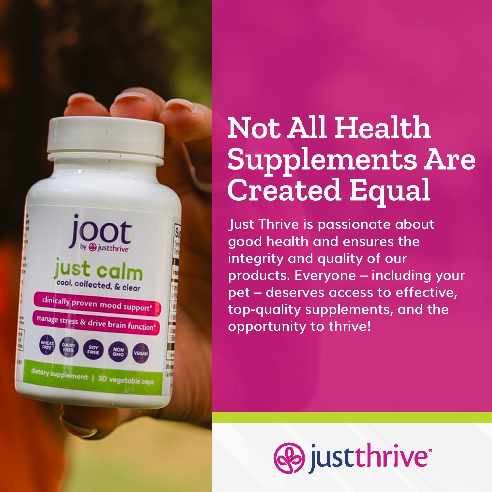 Just Thrive envase con iconos que indican libre de alérgenos y dietas