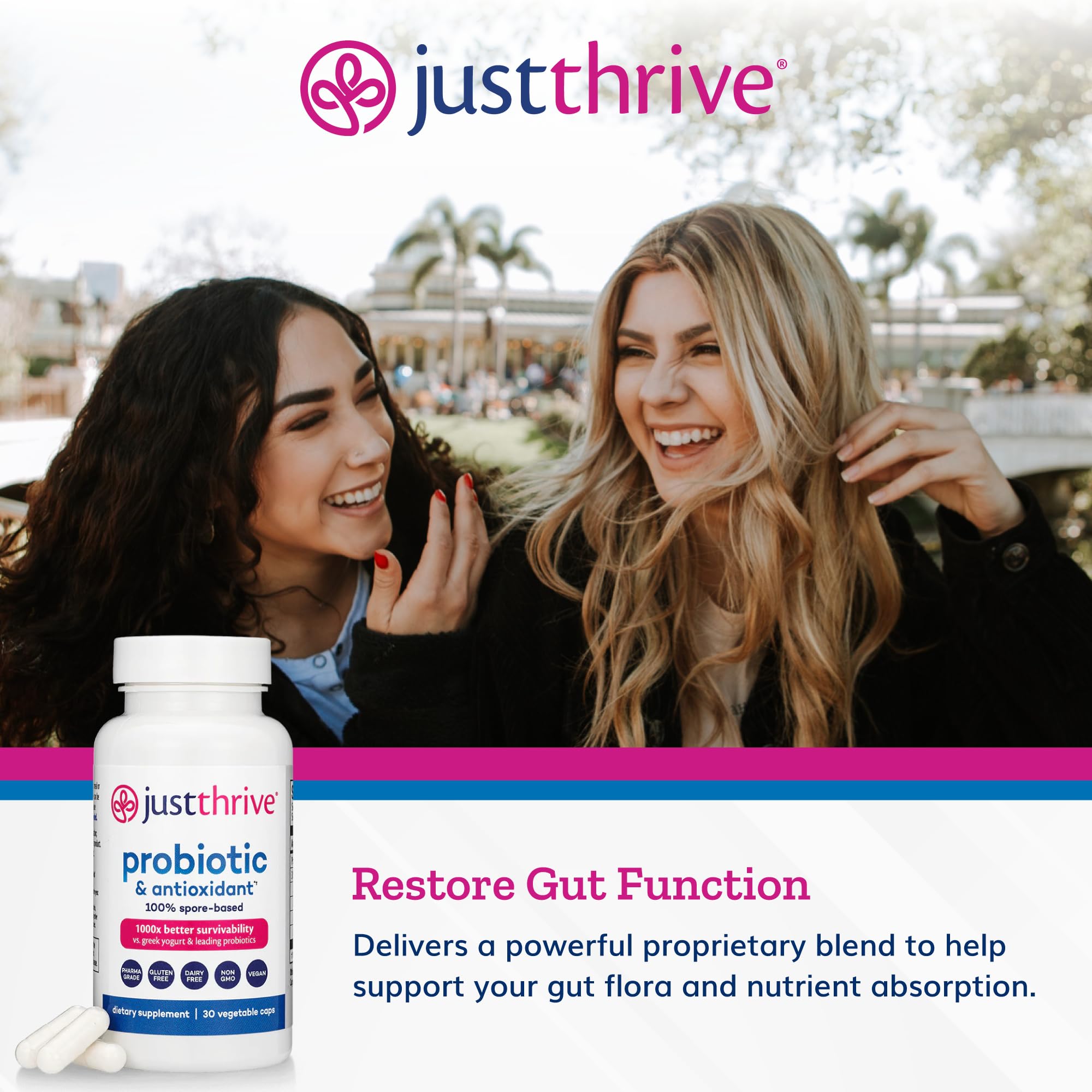 Just Thrive detalle de la cápsula destacando la formulación basada en esporas