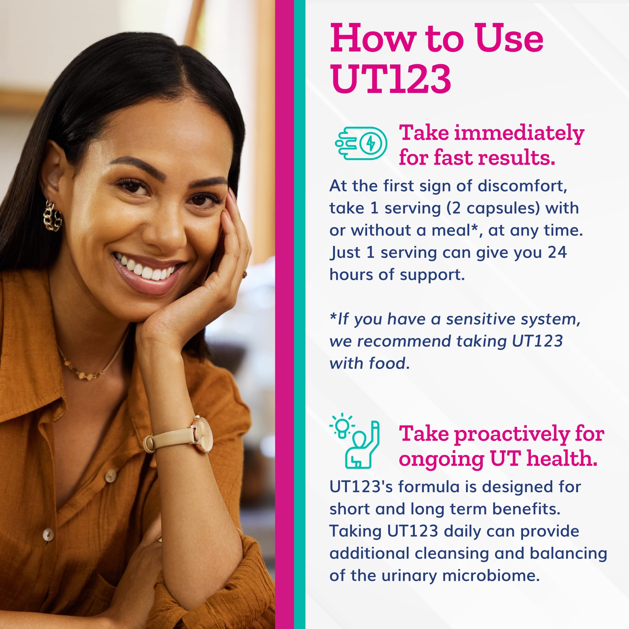 Just Thrive UT123 cápsula junto a una mano para comparar tamaño y facilidad