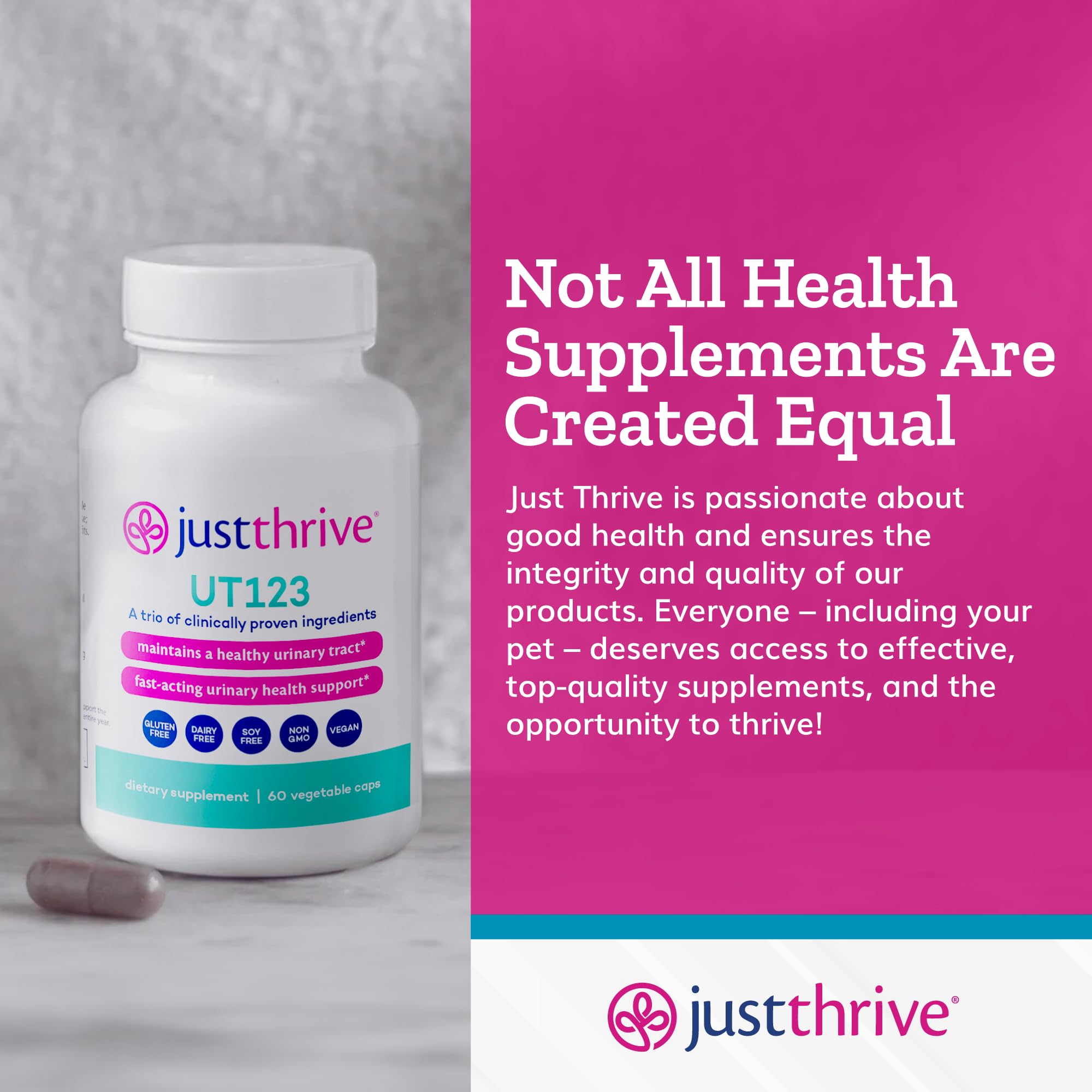 Just Thrive UT123 producto junto a lavabo en ambiente de baño, uso cotidiano