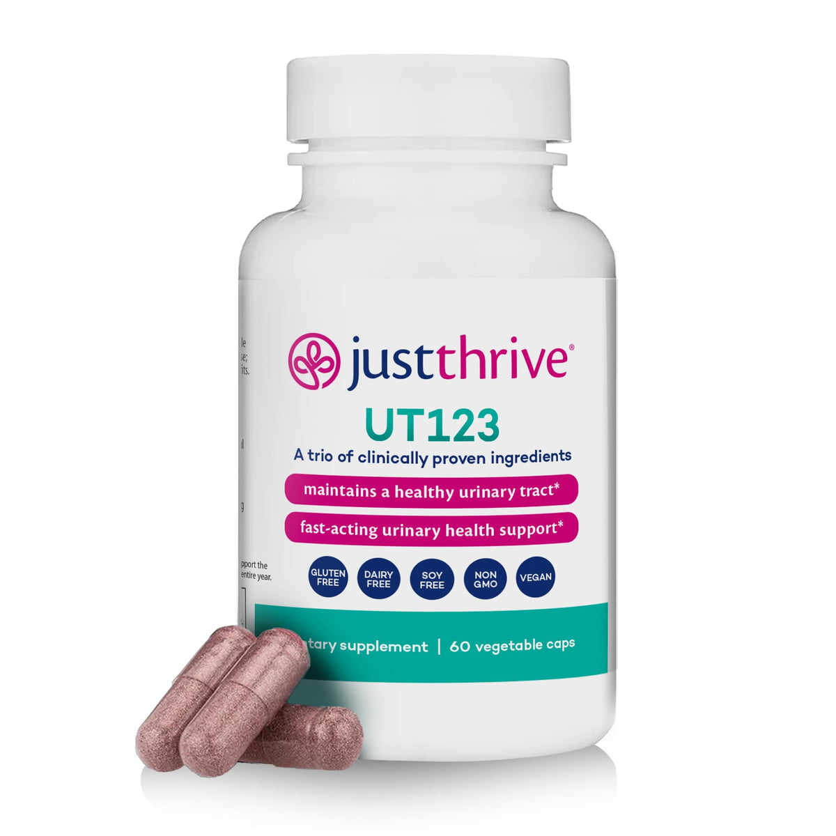 Just Thrive UT123 frente del envase mostrando diseño y beneficio de apoyo urinario