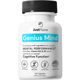 JustFloow Genius Mind frontal del envase mostrando diseño y beneficios