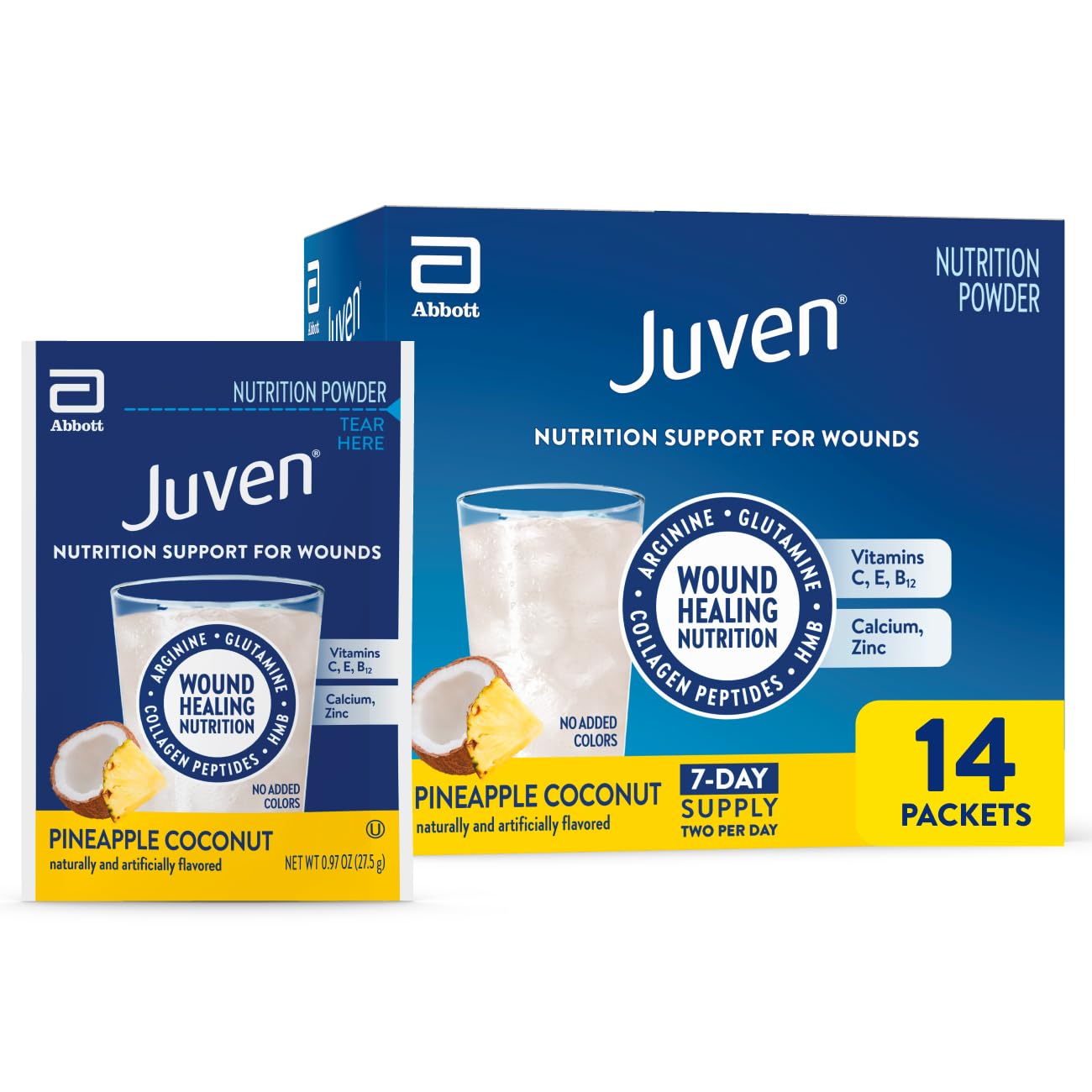 Juven empaque frontal sabor piña coco mostrando presentación práctica