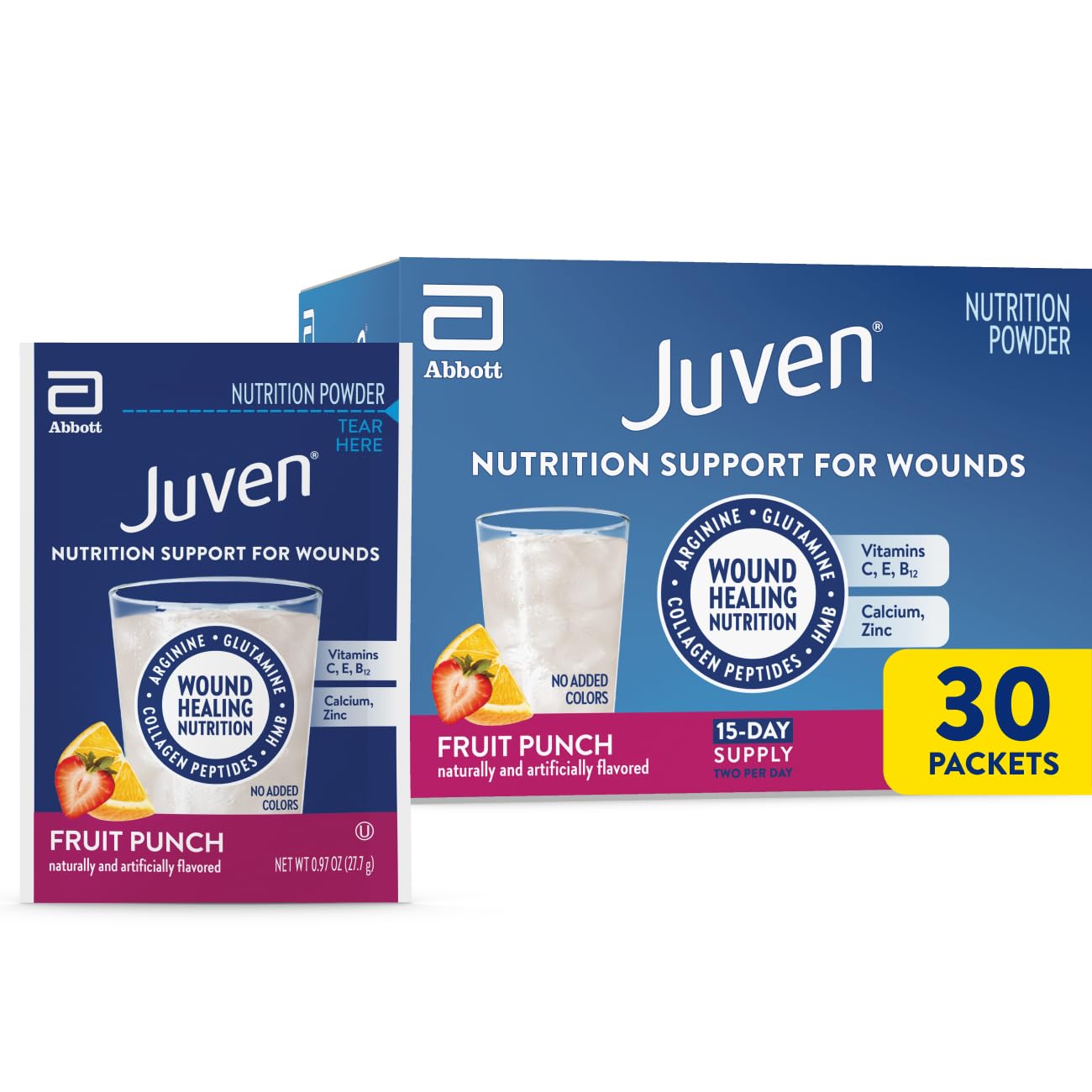 Juven paquete frontal Fruit Punch mostrando presentación en sobres y conveniencia