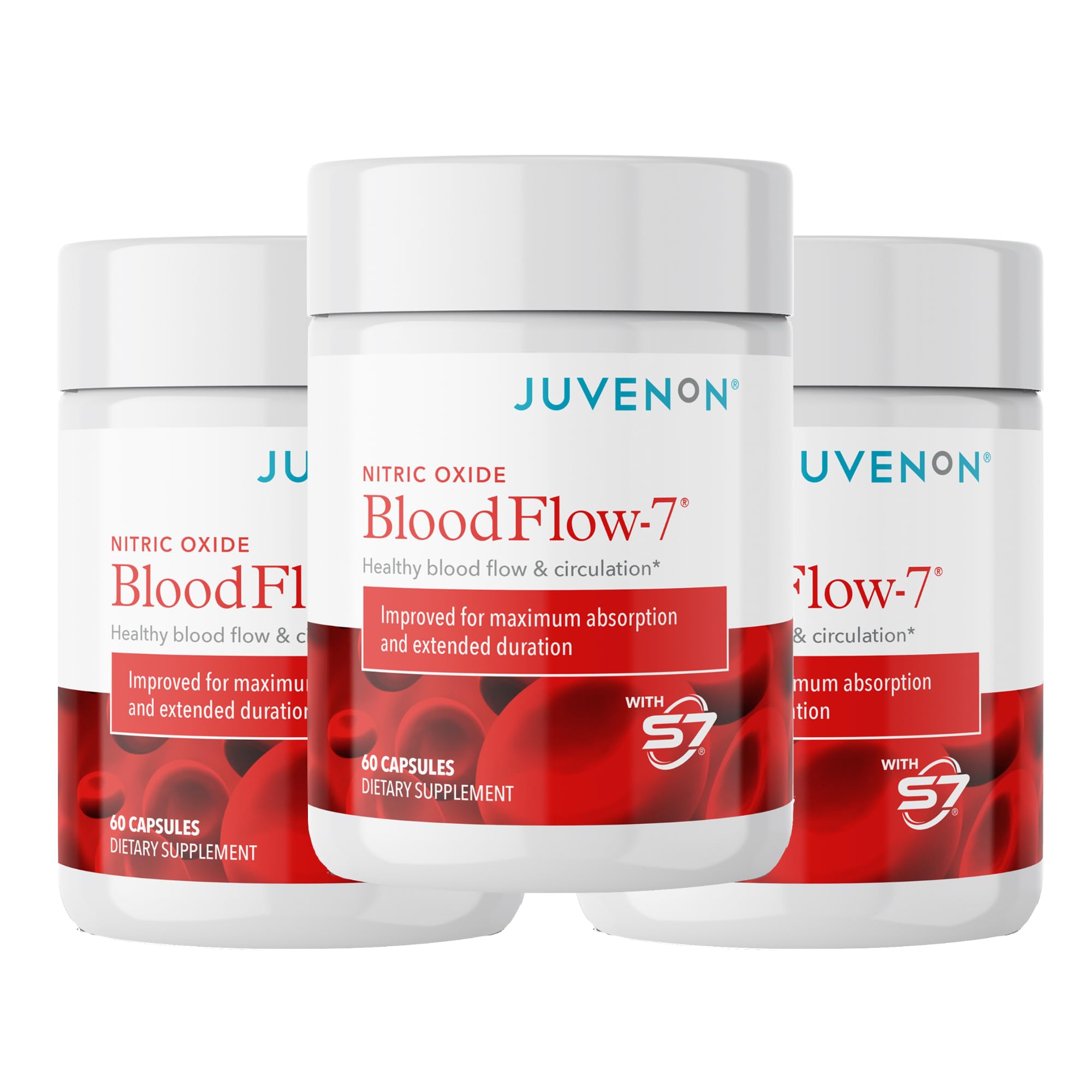 Juvenon BloodFlow-7 frasco frontal mostrando diseño y nombre del producto