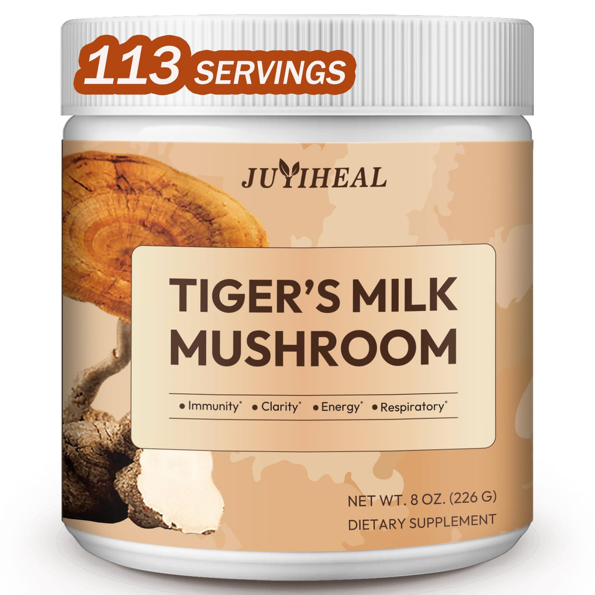 JUYIHEAL envase frontal de Tiger Milk Mushroom mostrando 113 porciones y beneficio respiratorio