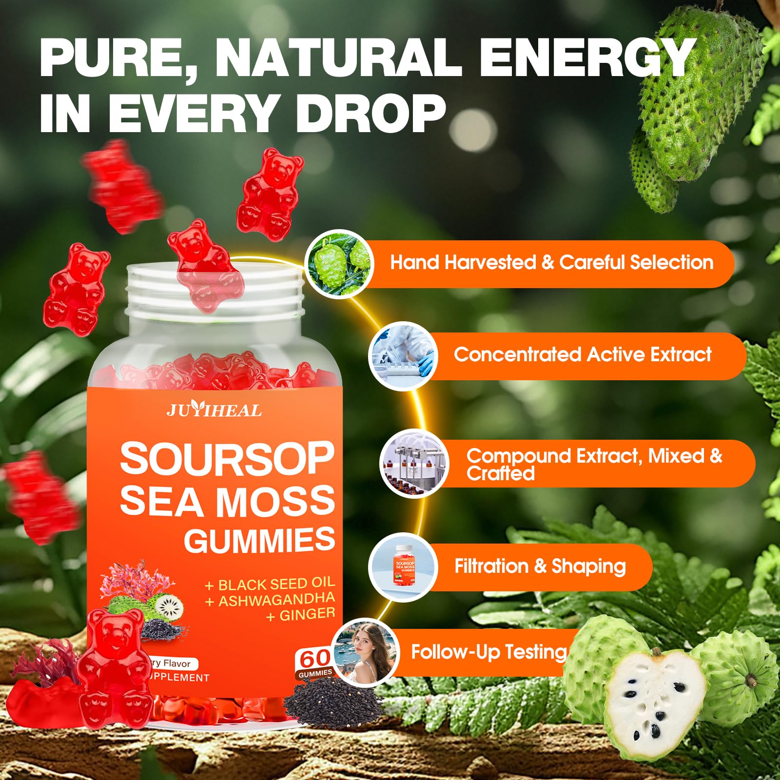 JUYIHEAL etiqueta con lista de ingredientes y beneficios visibles