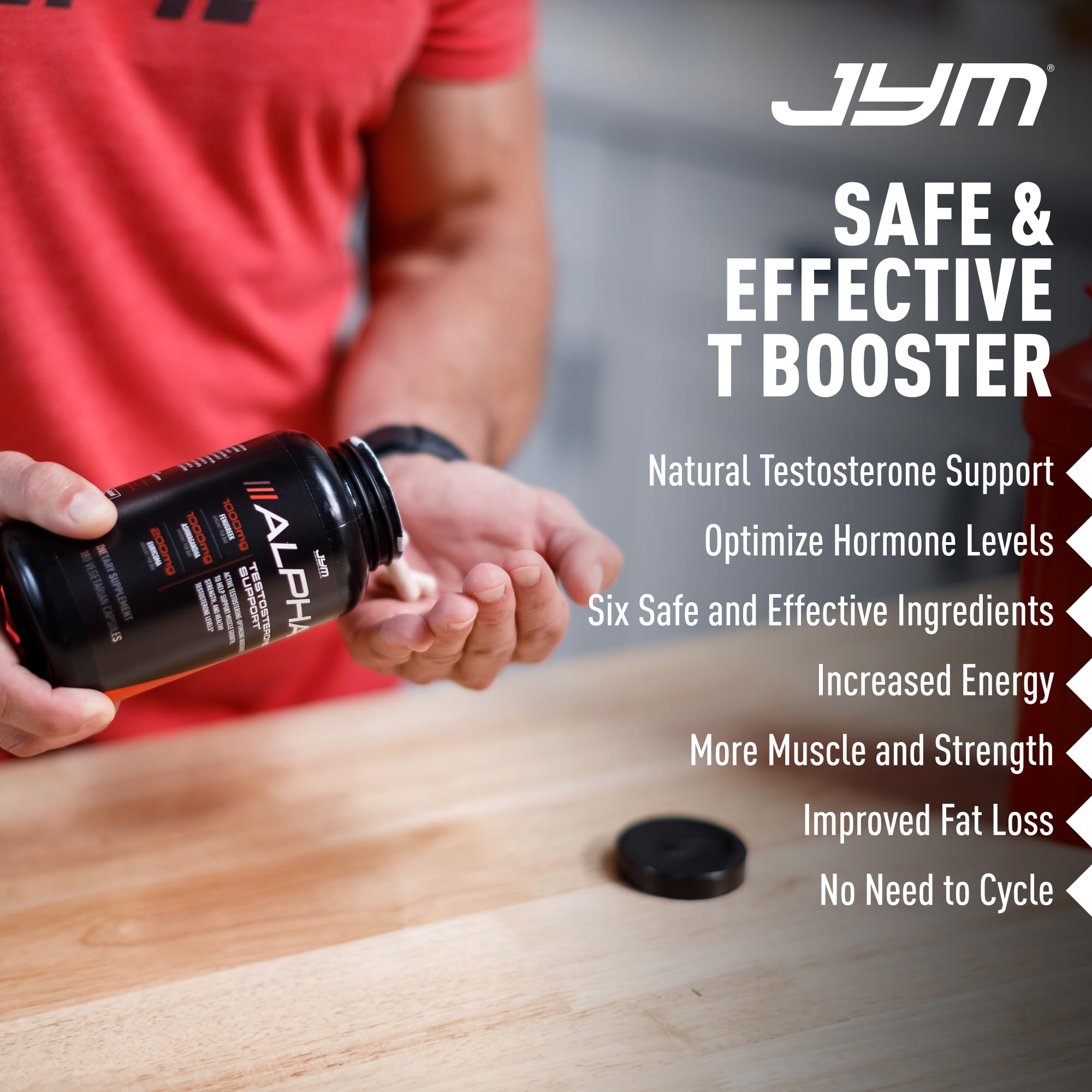 JYM Alpha JYM comparación de tamaño del envase junto a una botella estándar para escala