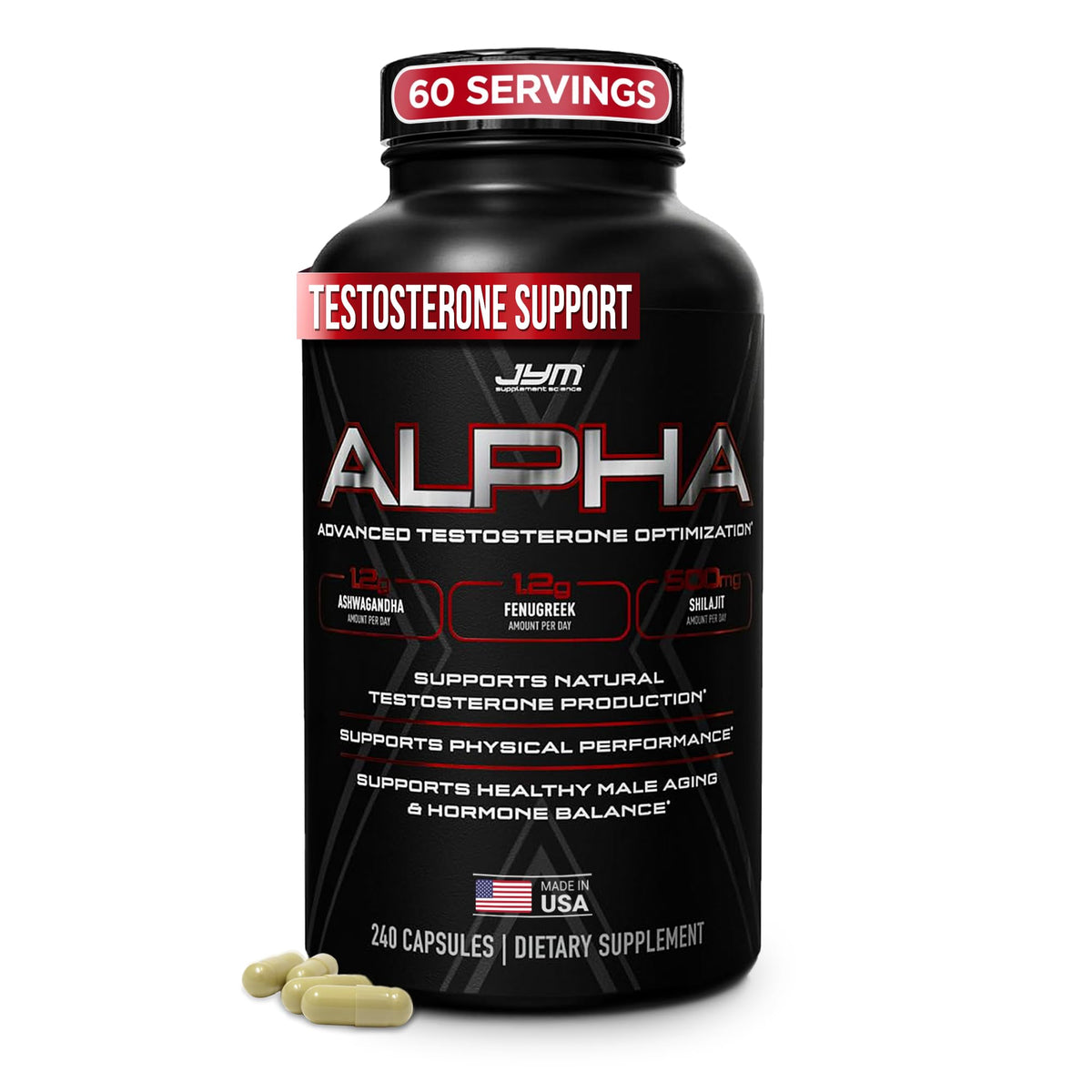 JYM Supplement Science Alpha JYM X envase frontal mostrando etiqueta y beneficio de vitalidad