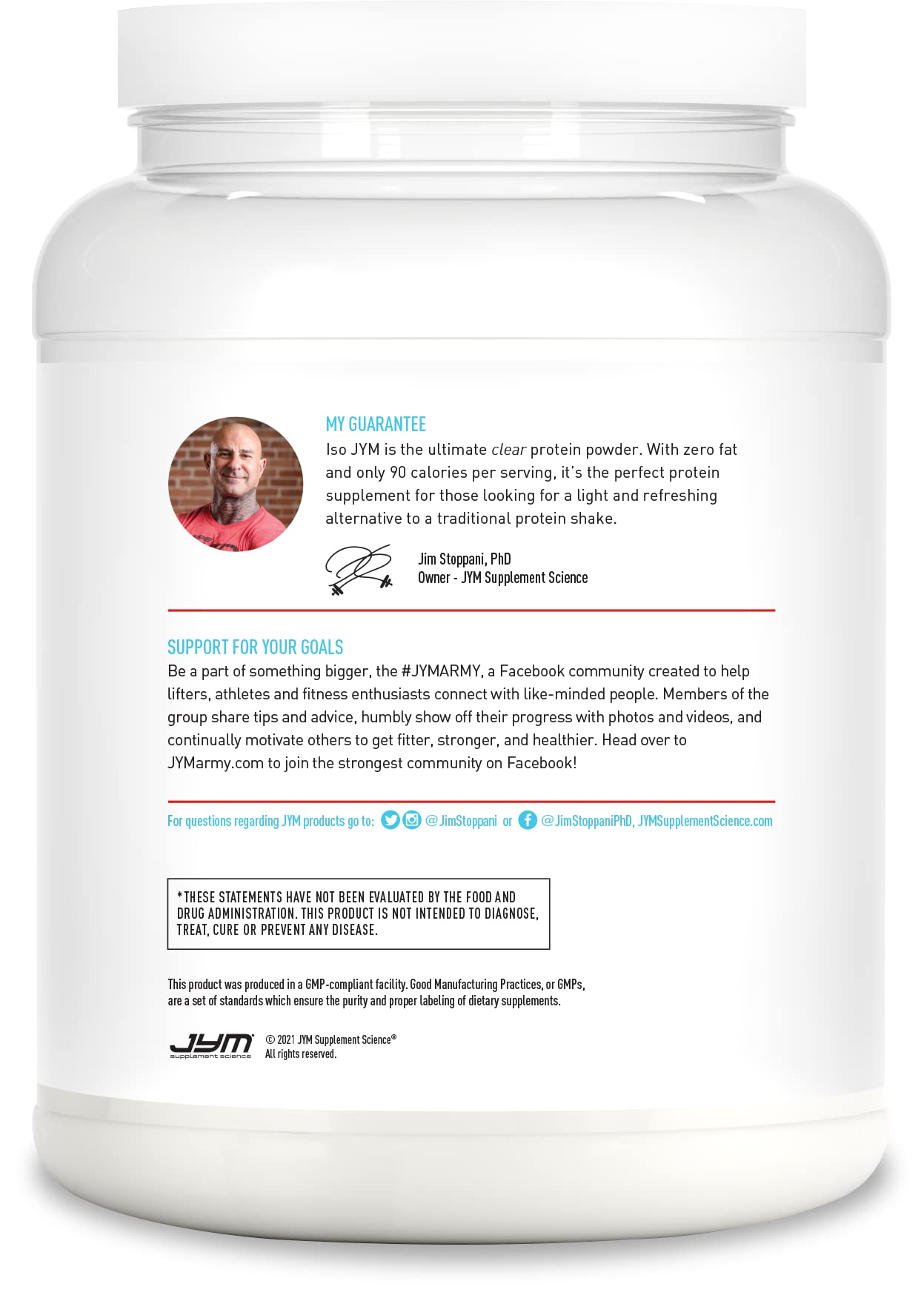 JYM etiqueta nutricional destacando 20 g proteína y 0 azúcares