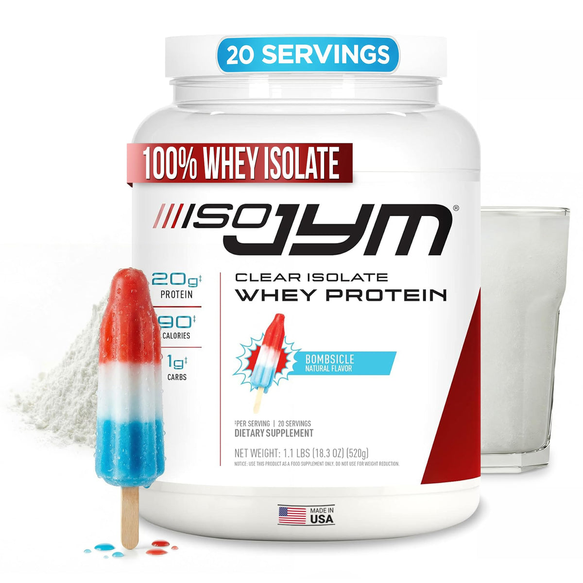 JYM etiqueta frontal del envase mostrando sabor Bombsicle y beneficio refrescante