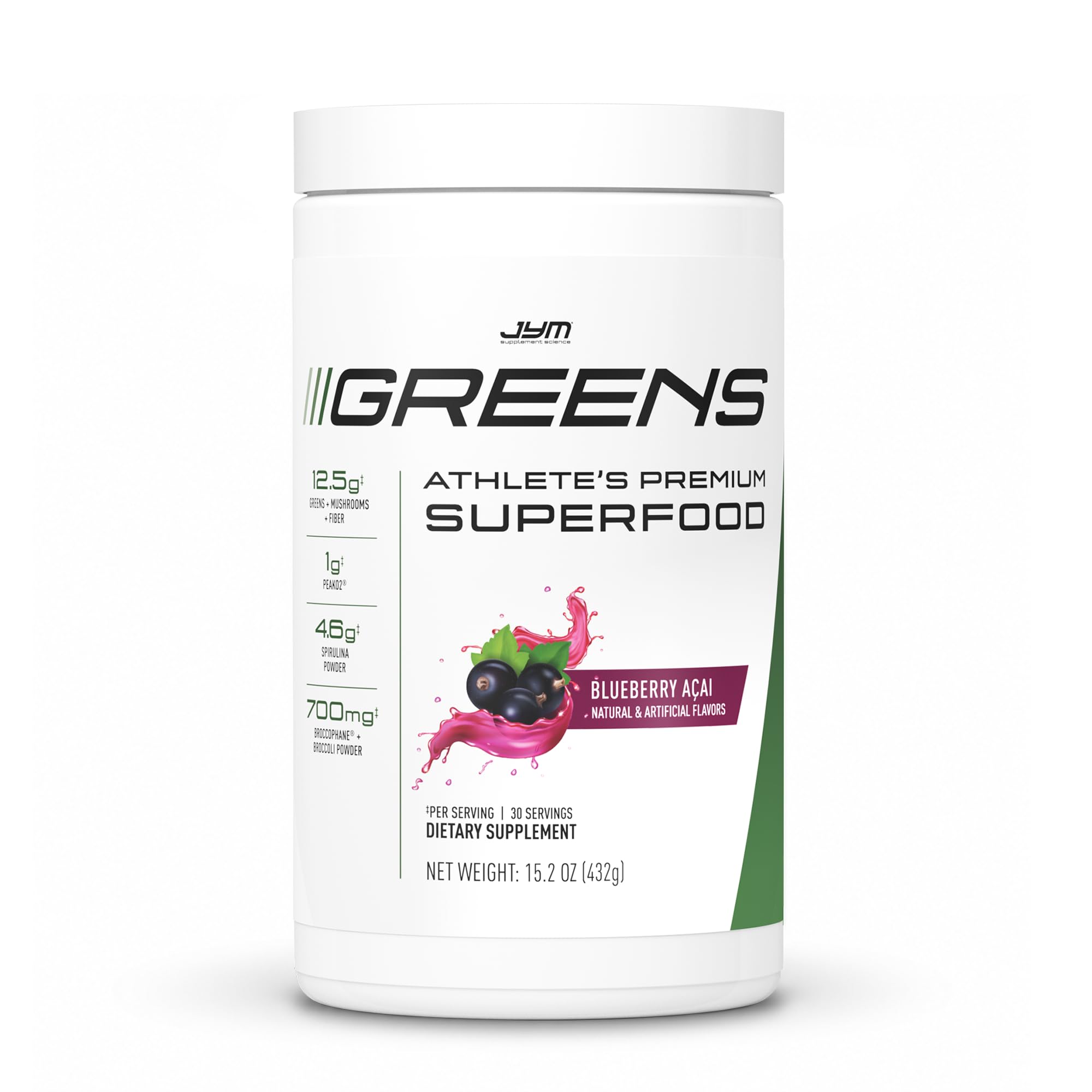 JYM Greens envase frontal mostrando el sabor blueberry acai y beneficios energéticos