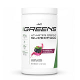 JYM Greens envase frontal mostrando el sabor blueberry acai y beneficios energéticos