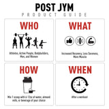 JYM Supplement Science cuchara con ración de Post JYM comparando tamaño de la porción