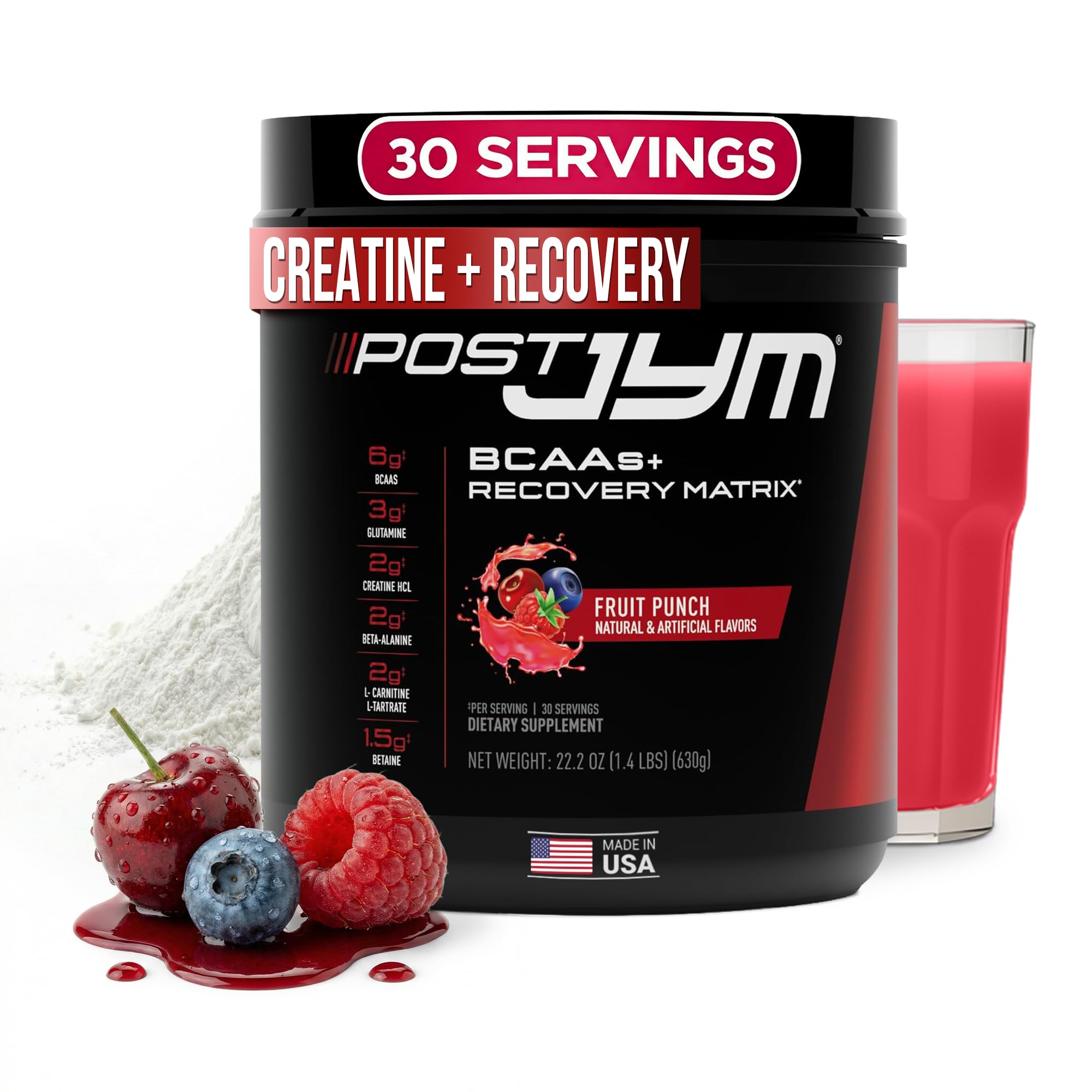 JYM Supplement Science frasco Post JYM frente muestra sabor fruit punch y claridad de fórmula