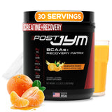 JYM Post JYM frente del envase mostrando sabor mandarina y beneficio de recuperación