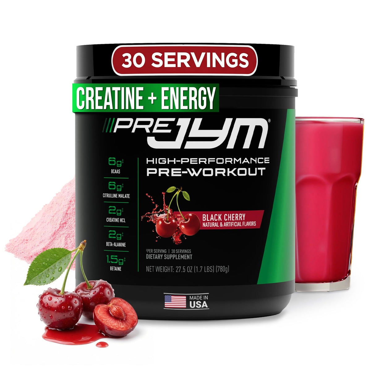 JYM bote frente con etiqueta visible y sabor black cherry mostrando diseño y confianza