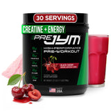 JYM bote frente con etiqueta visible y sabor black cherry mostrando diseño y confianza