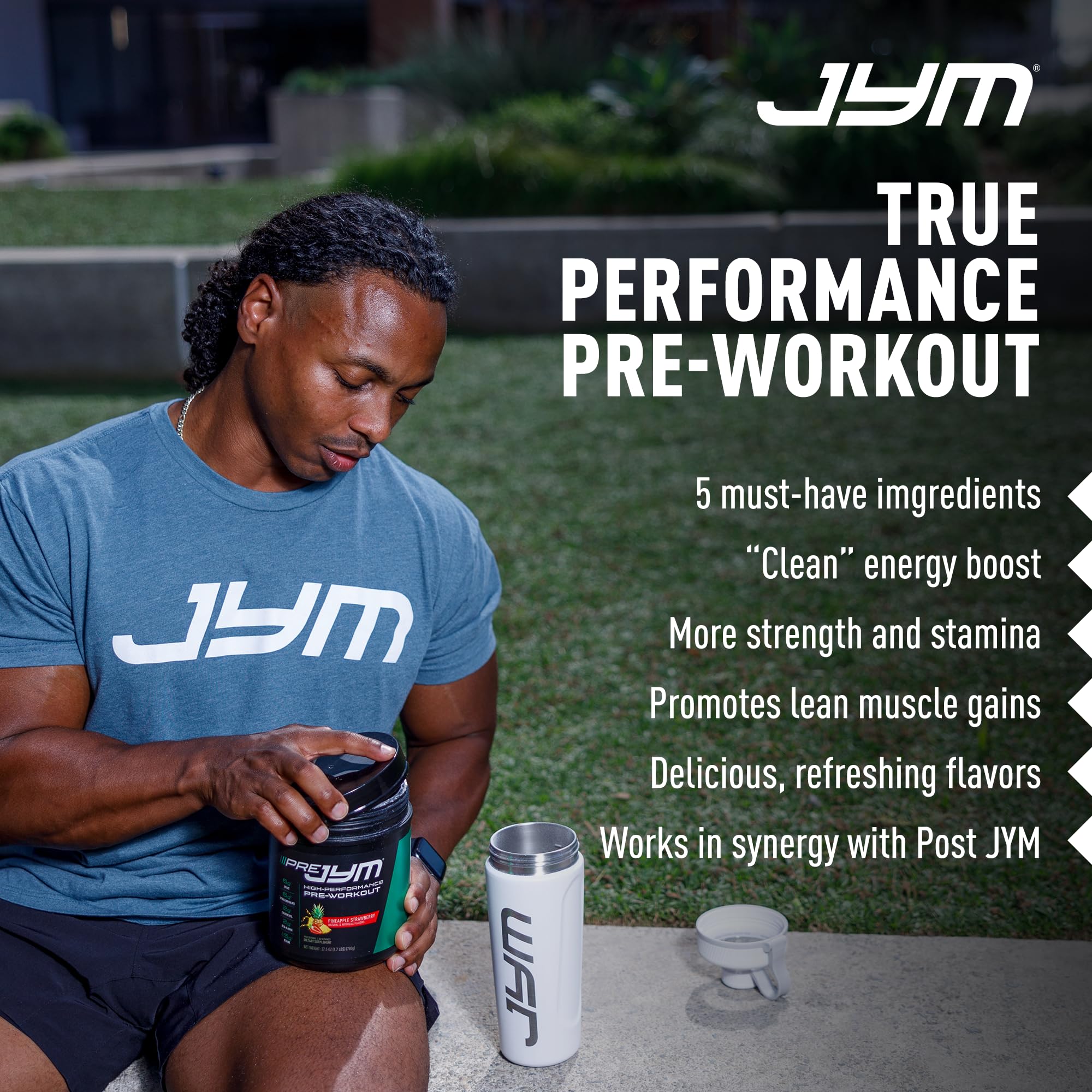 JYM Pre JYM envase junto a una botella para comparar tamaño y servicios