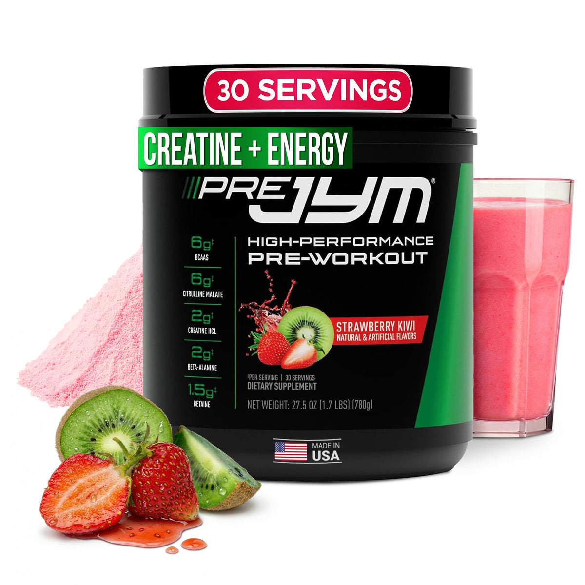 JYM Pre JYM frasco frontal mostrando tamaño y sabor Strawberry Kiwi, ayuda a elegir producto