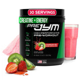 JYM Pre JYM frasco frontal mostrando tamaño y sabor Strawberry Kiwi, ayuda a elegir producto