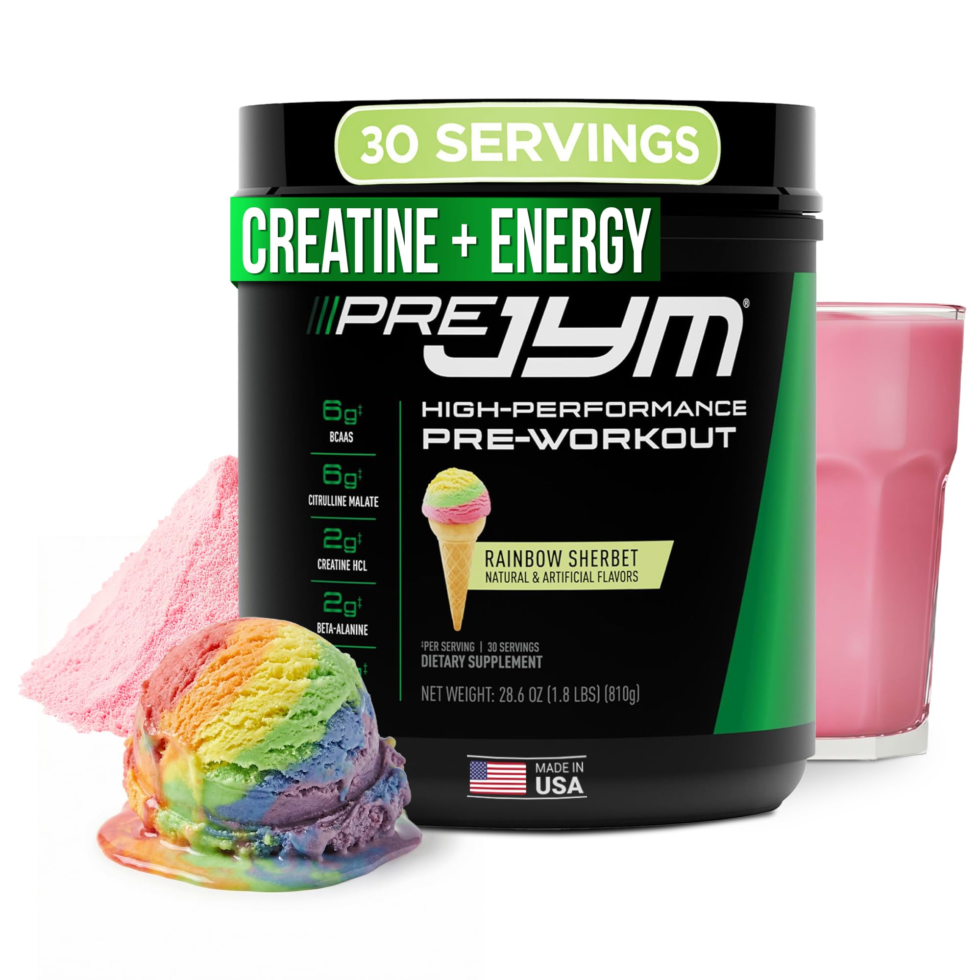 JYM Pre JYM envase frontal mostrando la marca y el sabor Rainbow Sherbet, claro y llamativo