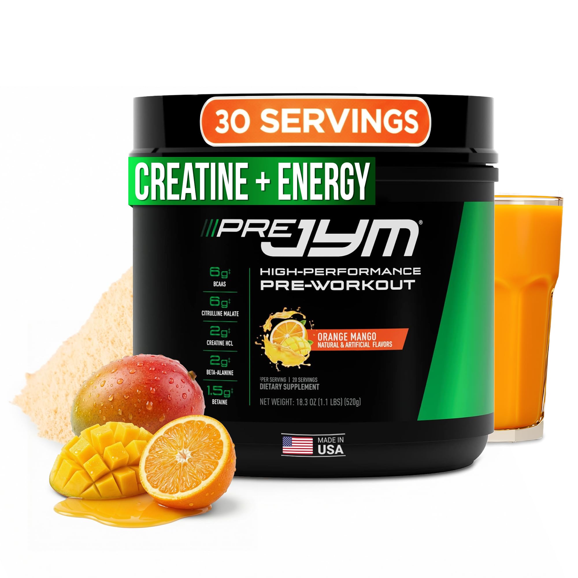 JYM Pre JYM frontal del envase mostrando la marca y sabor naranja mango
