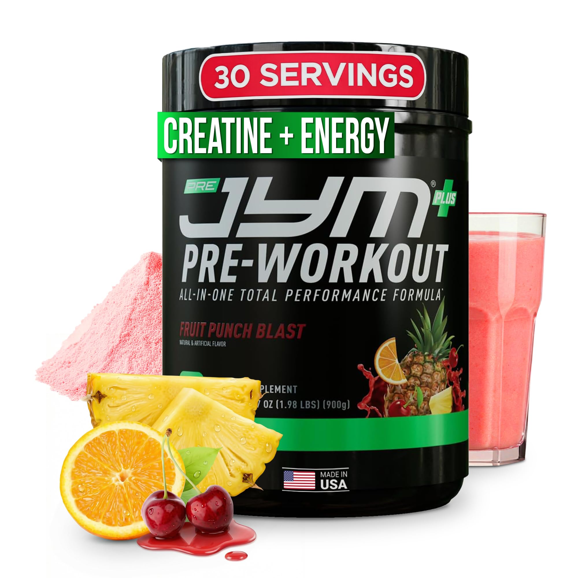 JYM Pre JYM Plus frontal del envase mostrando etiqueta y beneficio de bombeo muscular