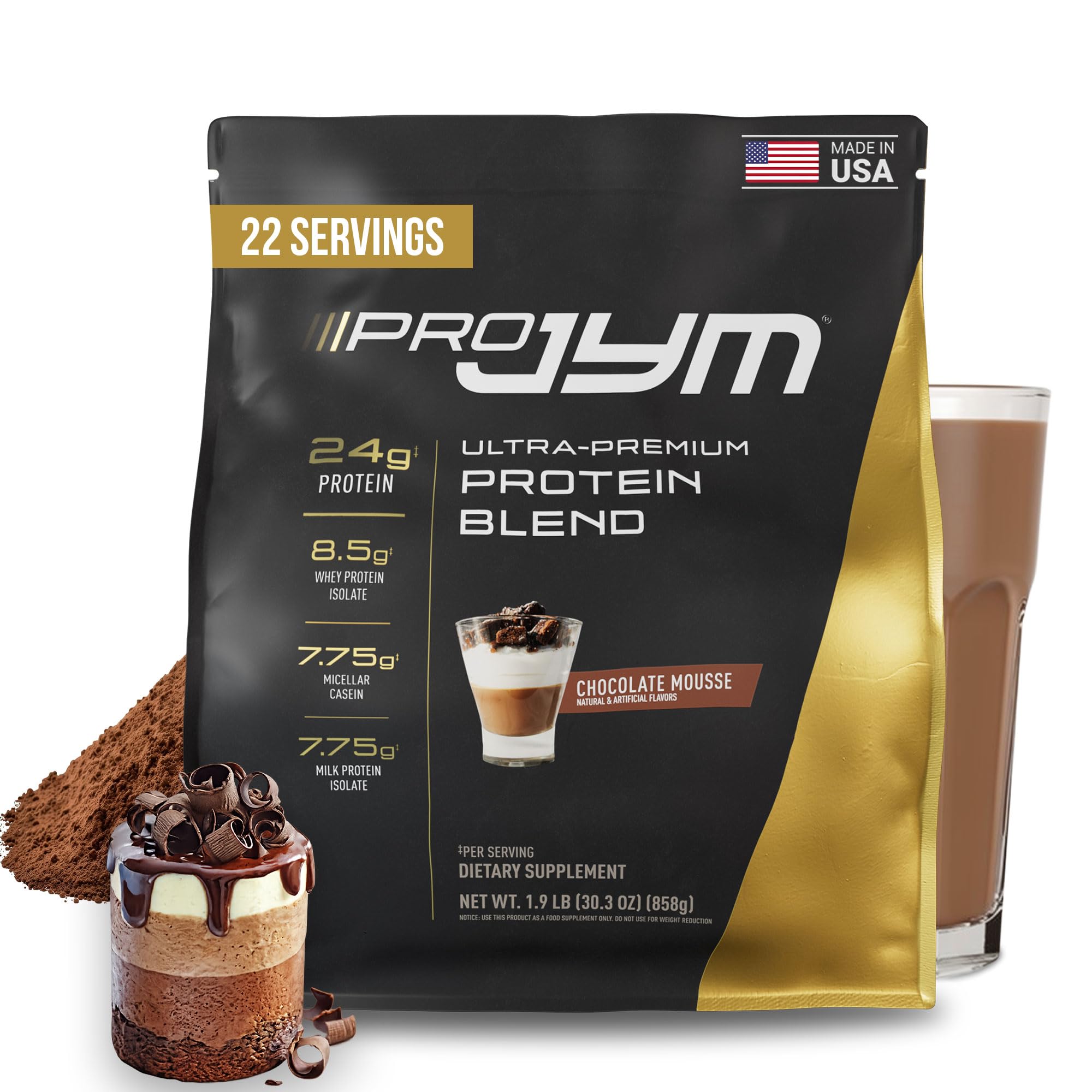 JYM Pro JYM envase frontal mostrando etiqueta y sabor Chocolate Mousse, confianza en calidad