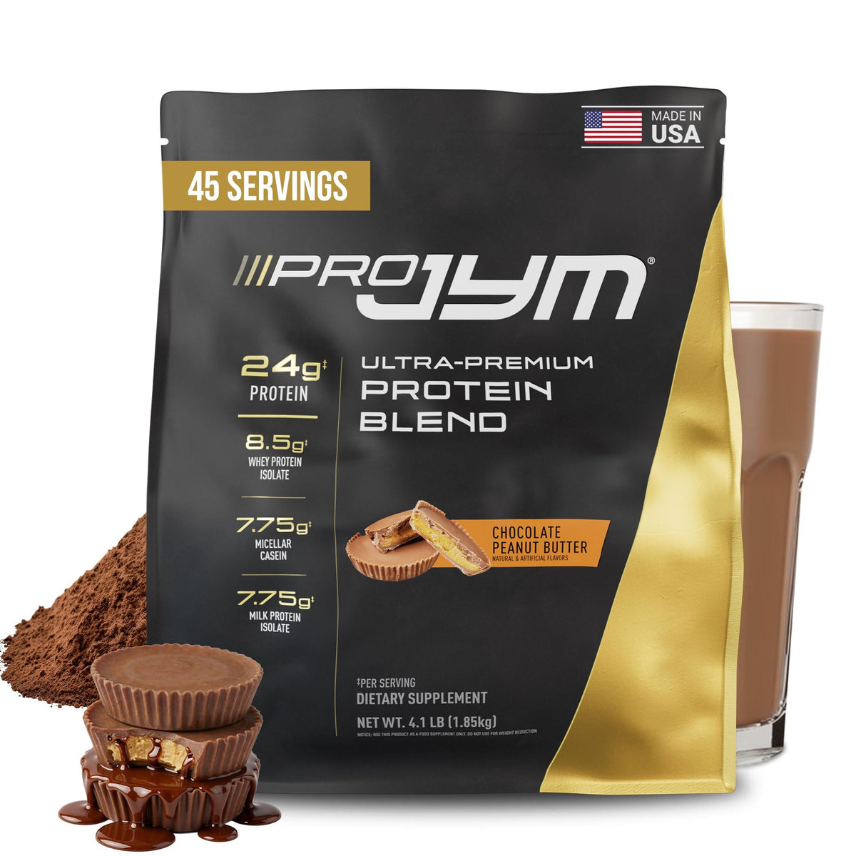 JYM Pro JYM frontal del envase mostrando etiqueta y sabor chocolate peanut butter para elección clara